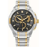 Citizen Mens Two Tone Eco Drive Classic Chronograph Stainless Steel Watch In Silver/Gold/Black Dial