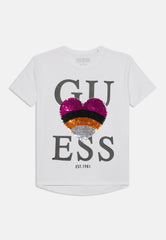 Guess Girls White High Low Short Sleeve Sequins T-Shirt
