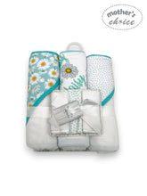 Mother's Choice 3Pc Hooded Towels And 3Pc Facecloths Pretty On A Daily Sunflower iIn White/Turquoise