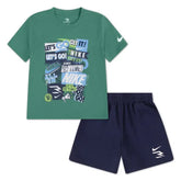 Nike Boys Collage T-Shirt And Short 2 Piece Set In Green And Blue