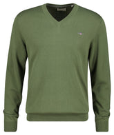 Gant Mens Classic Cotton V-Neck Sweater In Olive Green