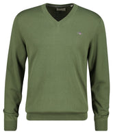 Gant Mens Classic Cotton V-Neck Sweater In Olive Green