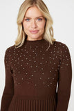 Izabel London Womens Embellished High Neck Knit Dress In Chocolate
