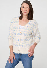 Mandi Womens Long Sleeve V-Neck Stripe Cardigan In Cream