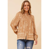 Mandi Womens Long Easy Wearing Printed Blouse In Beige
