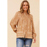 Mandi Womens Long Easy Wearing Printed Blouse In Beige