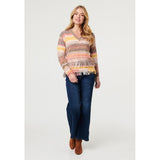 Mandi Long Sleeve V-Neck Ombre Effect Sweater With Fray In Multi
