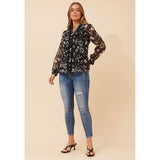 Mandi Floral Semi Sheer Layer Lace Blouse In Black
