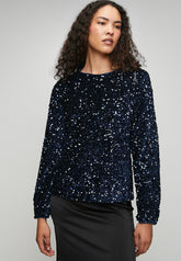 Stella Morgan Loose Crew Neck Sequin Top With Key Hole And Satin Bow At Back In Navy