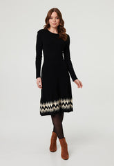 Izabel London Womens Crew Neck Dress With Pattern At Hem In Black