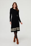 Izabel London Womens Crew Neck Dress With Pattern At Hem In Black