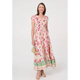 Stella Morgan Cap Sleeve With Flutter V-Neck Button Through Maxi Dress With Border Print Detail Pink Multi