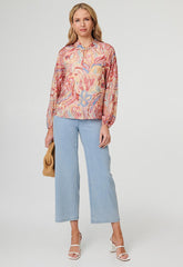 Mandi Womens Long Sleeeve Blouse With Keyhole Neckline In Multi Pink