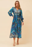 Stella Morgan Long Sleeve V-Neck Sheer Maxi Dress In Blue
