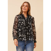 Mandi Floral Semi Sheer Layer Lace Blouse In Black