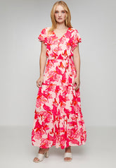 Stella Morgan Cap Sleeve V-Neck Maxi Dress In Red Multi