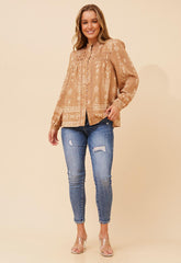 Mandi Womens Long Easy Wearing Printed Blouse In Beige