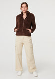 Izabel London Long Sleeve Zip Through Teddy Jacket In Chocolate