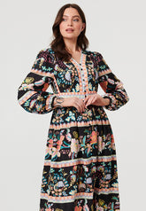 Stella Morgan Long Sleeve Multi Tier Button Down Dress In Black Multi