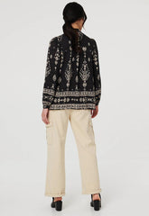 Mandi Womens Long Sleeve Easy Wearing Printed Blouse In Black