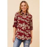 Mandi Womens Long Sleeve Button Through Embroidery Shirt In Burgandy