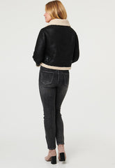 Mandi Womens Long Sleeve Sherpa Cropped Jacket In Black