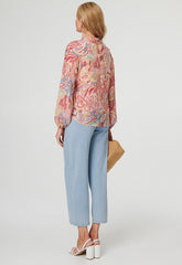 Mandi Womens Long Sleeeve Blouse With Keyhole Neckline In Multi Pink