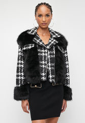 Sissyboy Ladies Houndstooth And Faux Fur Black And White Combi Jacket
