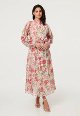 Stella Morgan Womens Button Through Maxi Dress With Binding Throughout In Multi Pink