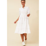 Izabel London Half Sleeve With Elastic Button Through Tiered Dress With Lace At Each Tier In White