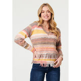 Mandi Long Sleeve V-Neck Ombre Effect Sweater With Fray In Multi
