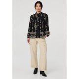 Mandi Womens Long Sleeve Easy Wearing Printed Blouse In Black