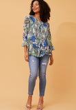 Stella Morgan 3/4 Sleeve Flutter V-Neck Button Through Sheer Blouse In Blue