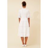 Izabel London Half Sleeve With Elastic Button Through Tiered Dress With Lace At Each Tier In White