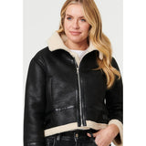 Mandi Womens Long Sleeve Sherpa Cropped Jacket In Black