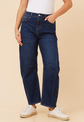 Mandi Womens Mid Waist Barrel Denim Jeans In Blue