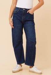 Mandi Womens Mid Waist Barrel Denim Jeans In Blue