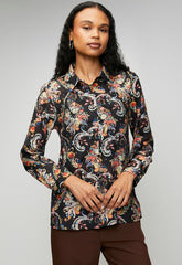 Mandi Womens Long Sleeve Button Through Collared Printed Blouse In Black
