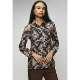 Mandi Womens Long Sleeve Button Through Collared Printed Blouse In Black