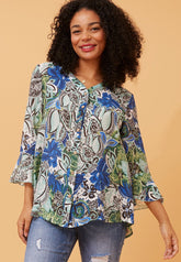 Stella Morgan 3/4 Sleeve Flutter V-Neck Button Through Sheer Blouse In Blue