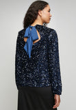 Stella Morgan Loose Crew Neck Sequin Top With Key Hole And Satin Bow At Back In Navy