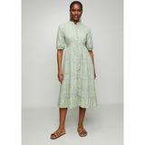 Izabel London Half Sleeve With Elastic Button Through Tiered Dress With Lace At Each Tier In Sage