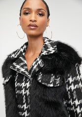 Sissyboy Ladies Houndstooth And Faux Fur Black And White Combi Jacket