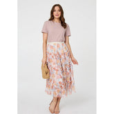 Stella Morgan Elasticated Multi Tiered Printed Mesh Midi Skirt In Cream Multi