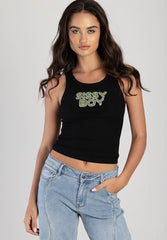 Sissyboy Womens Green Bling Vest with In Black