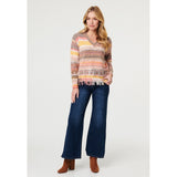 Mandi Long Sleeve V-Neck Ombre Effect Sweater With Fray In Multi