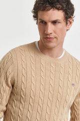 Gant Mens Cotton Cable Crew Neck Sweater Khaki