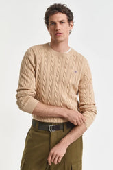 Gant Mens Cotton Cable Crew Neck Sweater Khaki