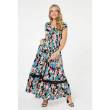 Stella Morgan Floral Lace Trim Cap Sleeve Maxi Dress In Black Multi