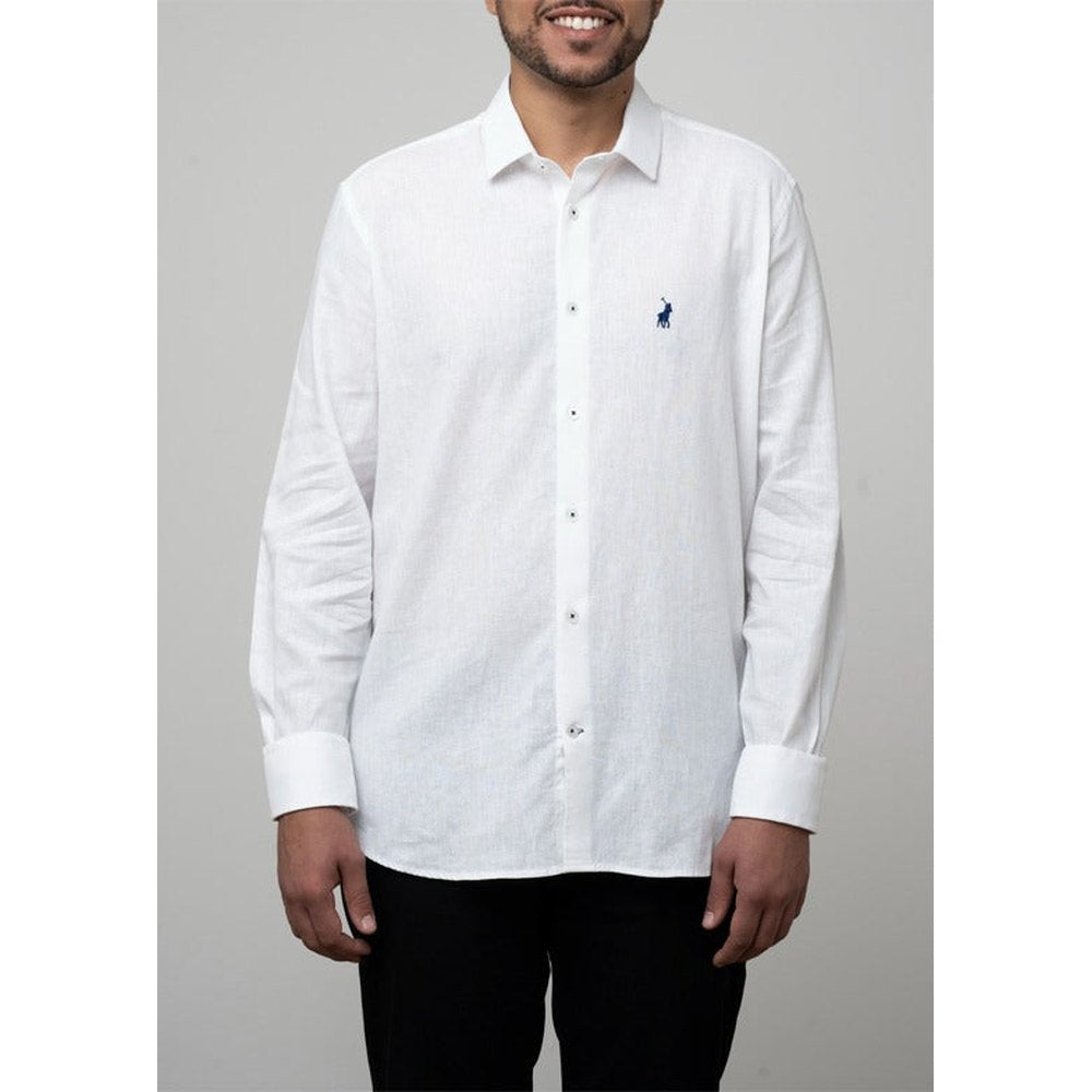 Polo Mens Long Sleeve Plain Linen Shirt In White